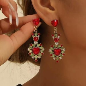 Aretes de corazon largos y piedras rojas