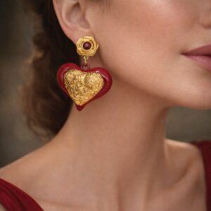 Aretes corazón rojos con detalle dorado elegante y sofisticado