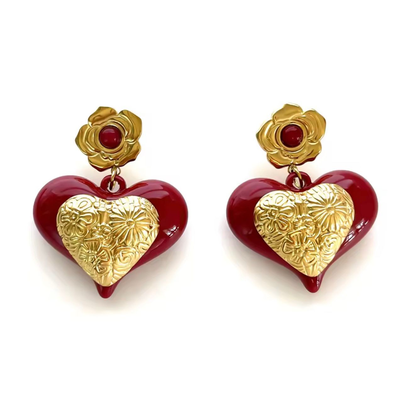 Aretes corazón rojos con detalle dorado elegante y sofisticado - Image 2